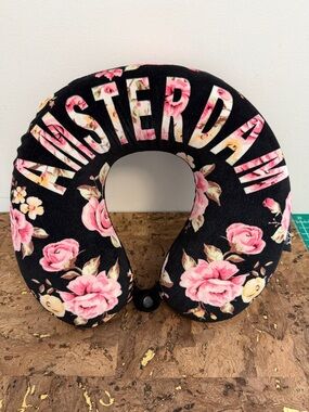 Robin Ruth Black Floral Neck Memory Foam Amsterdam Pillow with Pink Roses